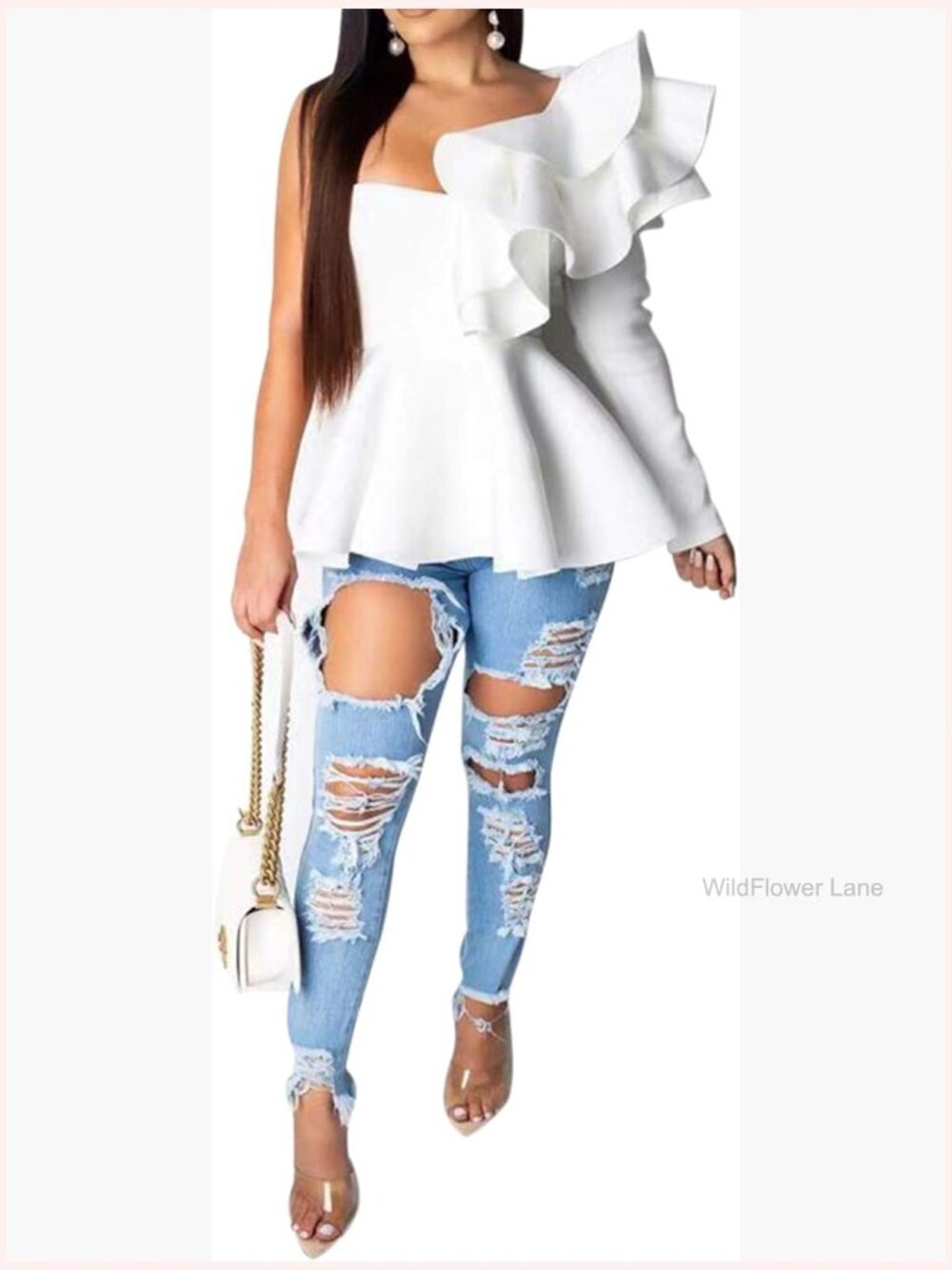 Asymmetric Falbala Off Shoulder Blouse Long Sleeve Backless Top